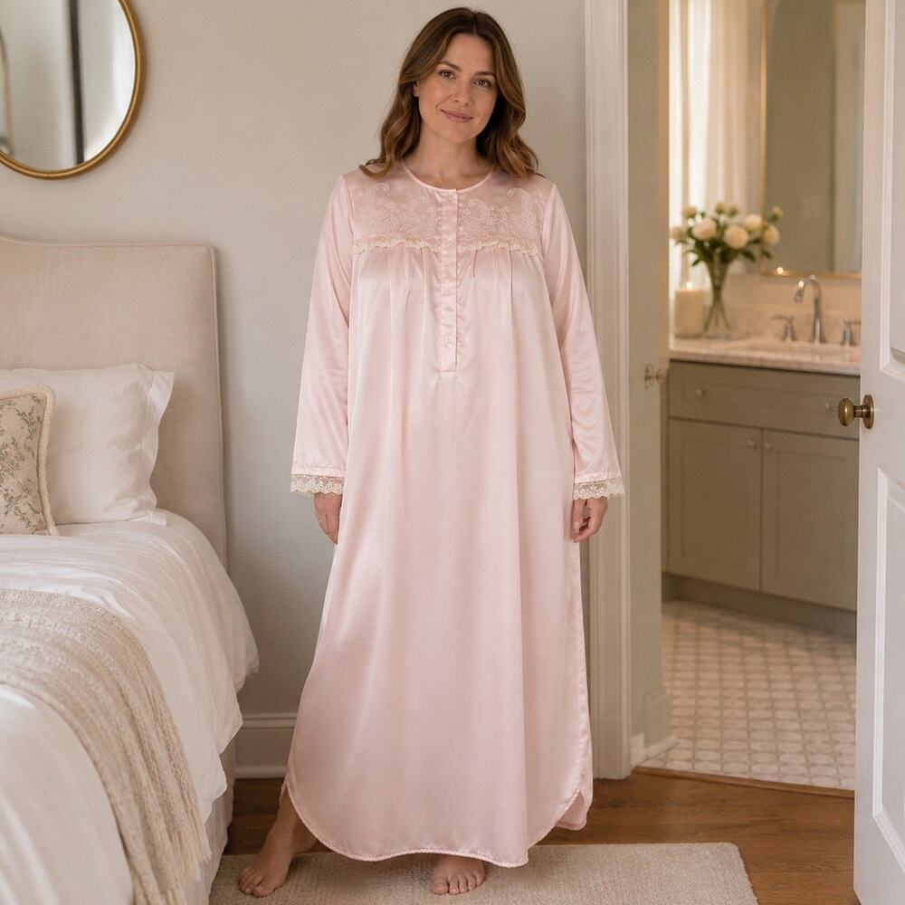 Shadowline Nightgown Women Large Pink Satin Lace Embroidery Long Sleeve Vintage